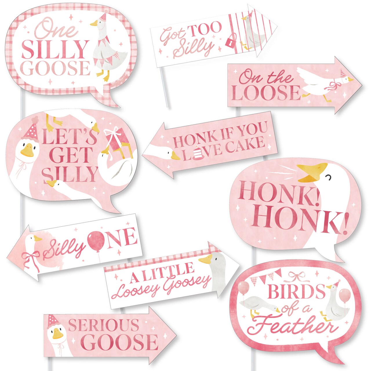 Big Dot of Happiness Funny One Silly Goose Pink Photo Booth Props Kit, Goose-Themed Puns for Girl 1st Birthday Supplies - 10 Count Selfie Prop Sticks